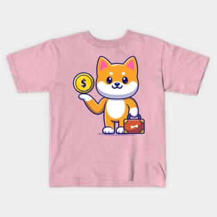 Cute Shiba Inu Dog With Gold Coin And Suitcase Cartoon Kids T-Shirt